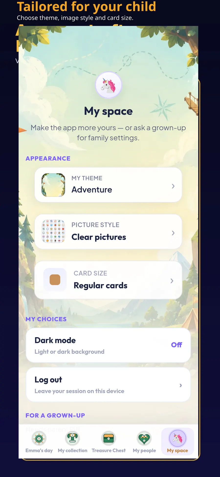 Child's own space — theme and settings